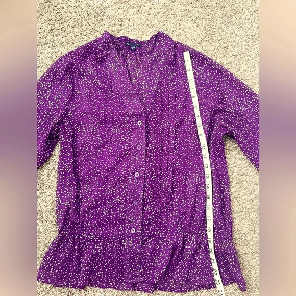 GAP BLOUSE TOP PURPLE DOT PRINT BUTTON UP PEPLUM STRETCH WAIST SIZE MEDIUM - Picture 5 of 6